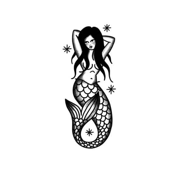 Mermaid doodle icon, traditional tattoo illustration — Stock Vector