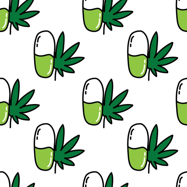Medicina con marijuana modello doodle senza soluzione di continuità, illustrazione vettoriale — Vettoriale Stock