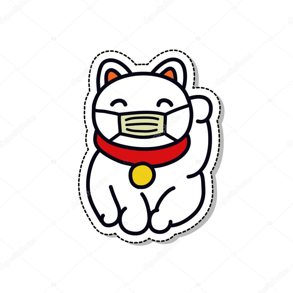 maneki neko with medical mask doodle icon, vector color illustration