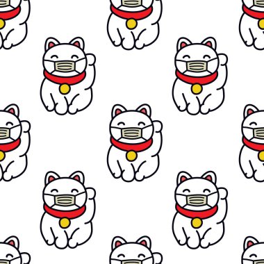 Maneki neko. Maske, kusursuz karalama deseni, vektör rengi çizimi.