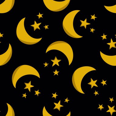 Ay ve yıldızlar pürüzsüz karalama deseni, vektör rengi çizimi