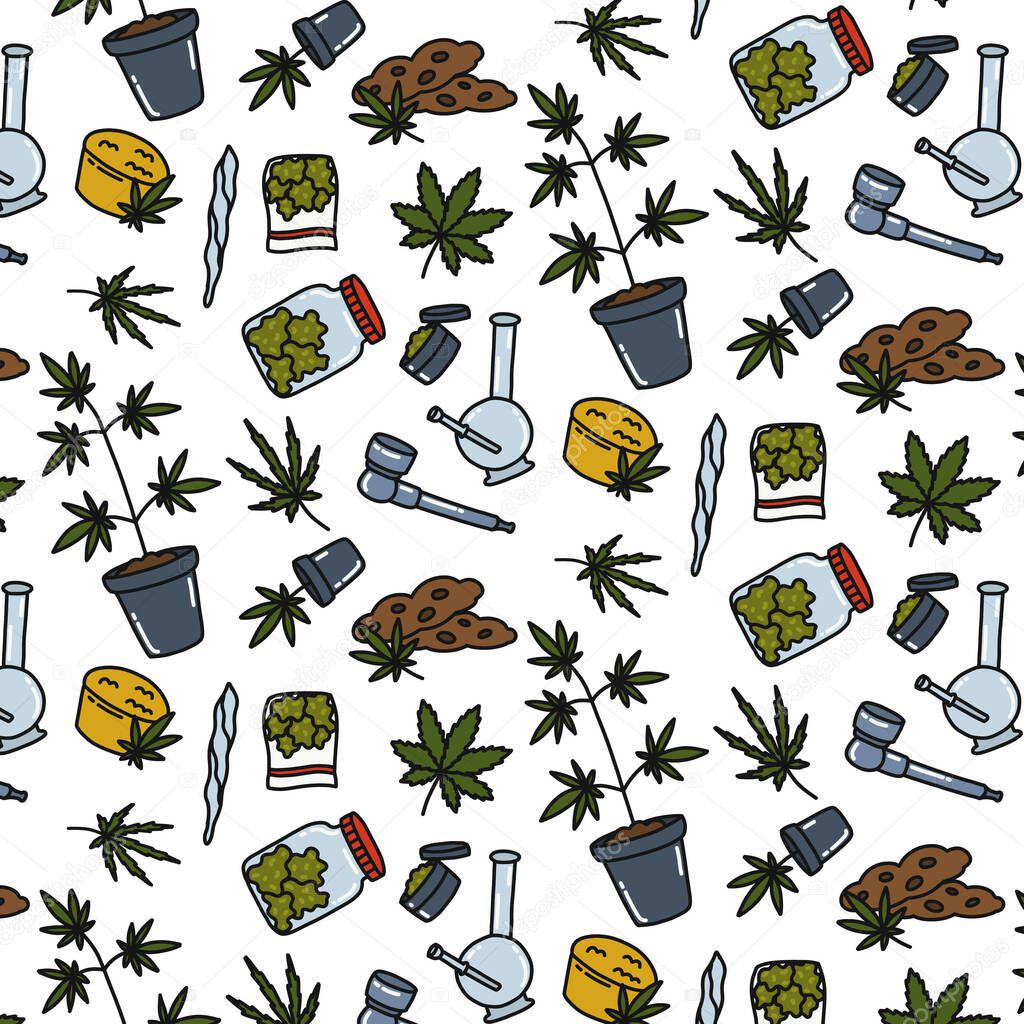 marijuana seamless doodle pattern, vector color illustration