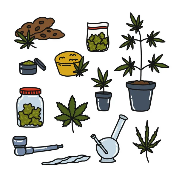 Marihuana Doodle Iconen Set Vector Kleur Illustratie — Stockvector