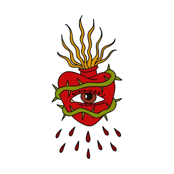 Sagrado Corazón Ilustración Tradicional Tatuaje Flash Vector Ilustración — Vector de stock