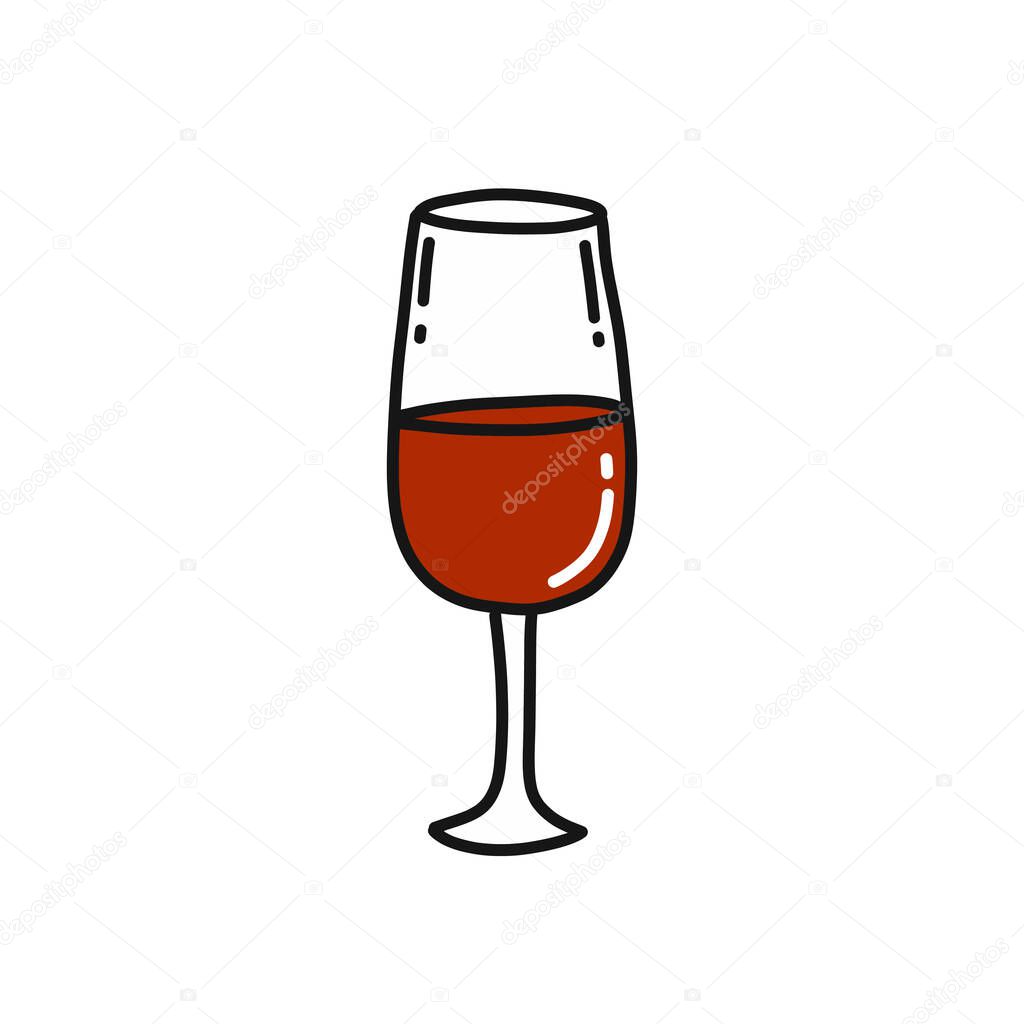 glass of wine doodle icon, vector color illustration