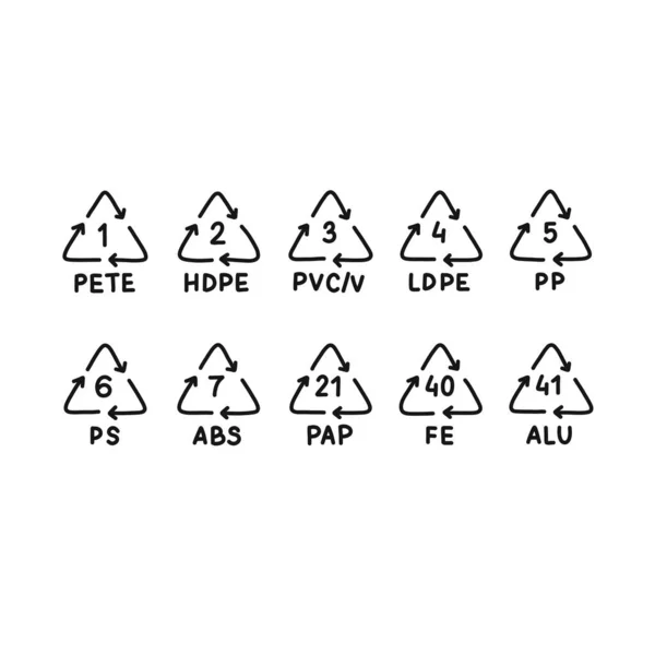 用于回收符号涂鸦图标的塑料类型 矢量彩色插图 — 图库矢量图片
