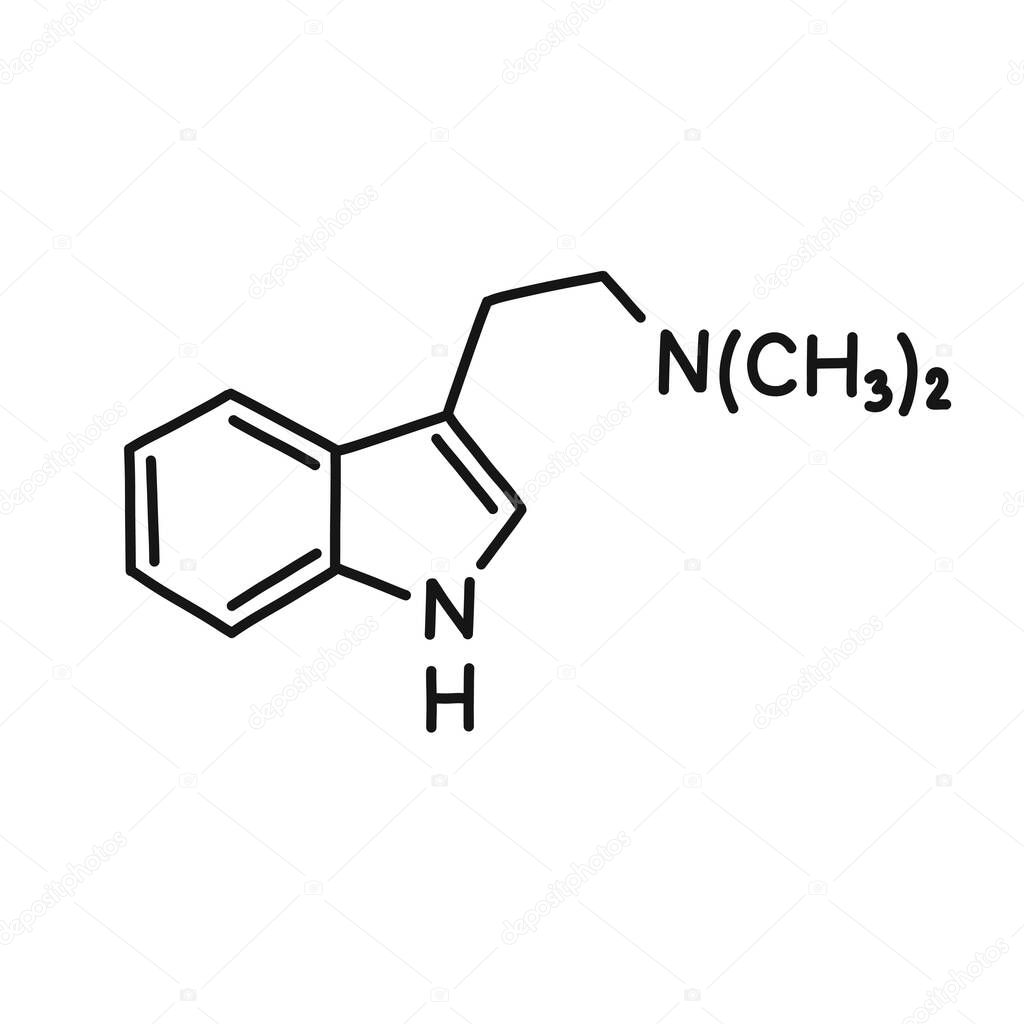 DMT, N,N-Dimethyltryptamine chemical formula doodle icon, vector line illustration