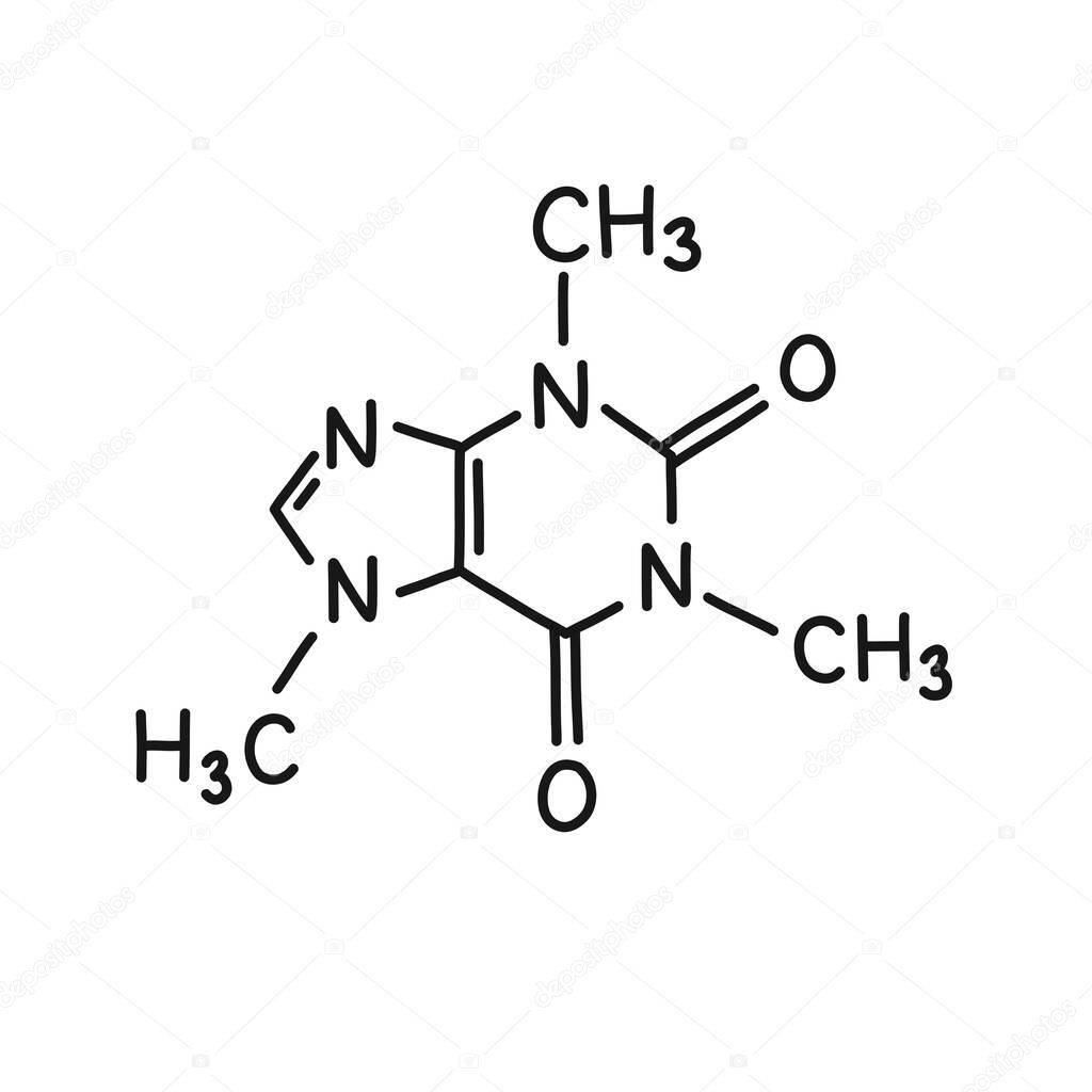 caffeine molecular formula doodle icon, vector line illustration