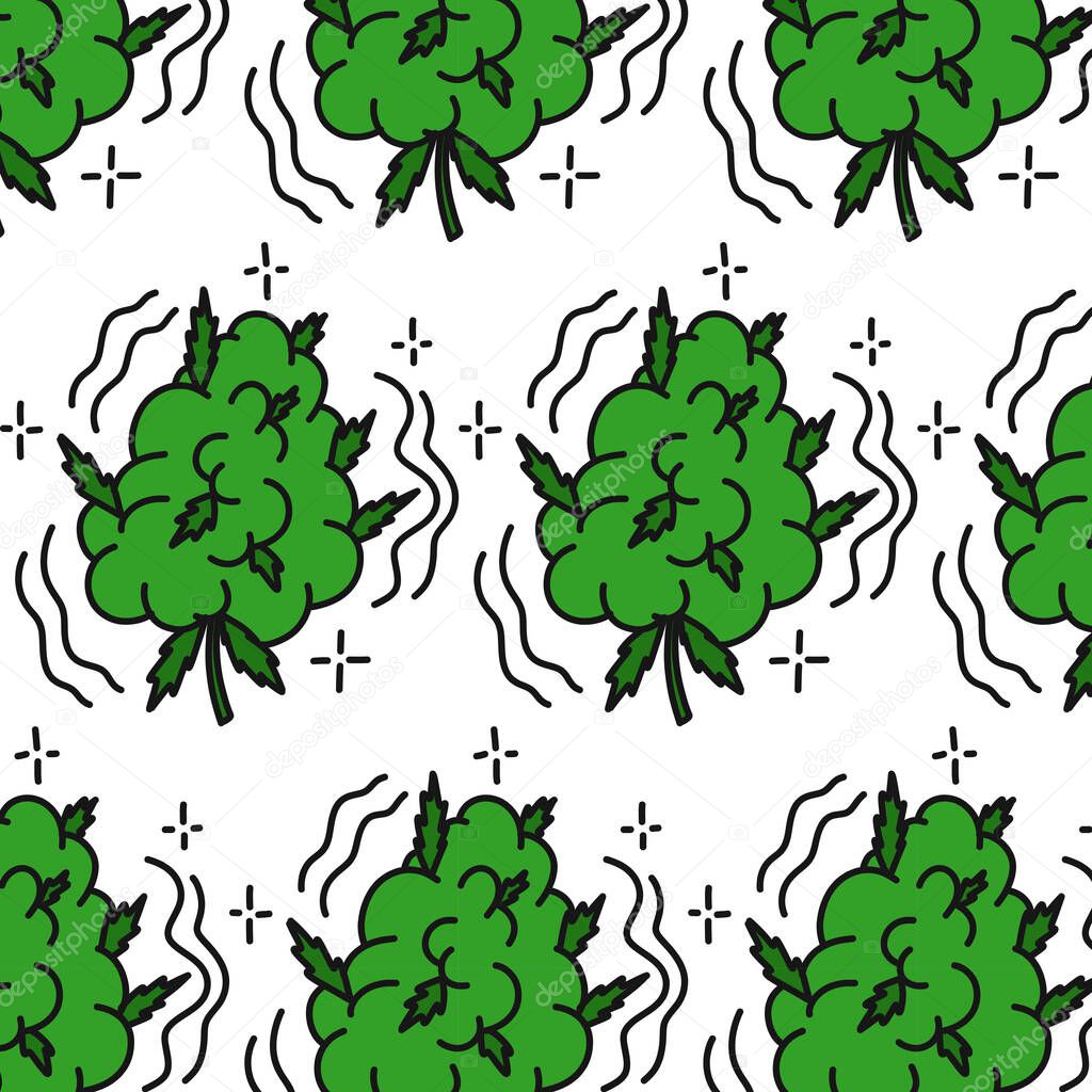 marijuana bud seamless doodle pattern, vector color illustration