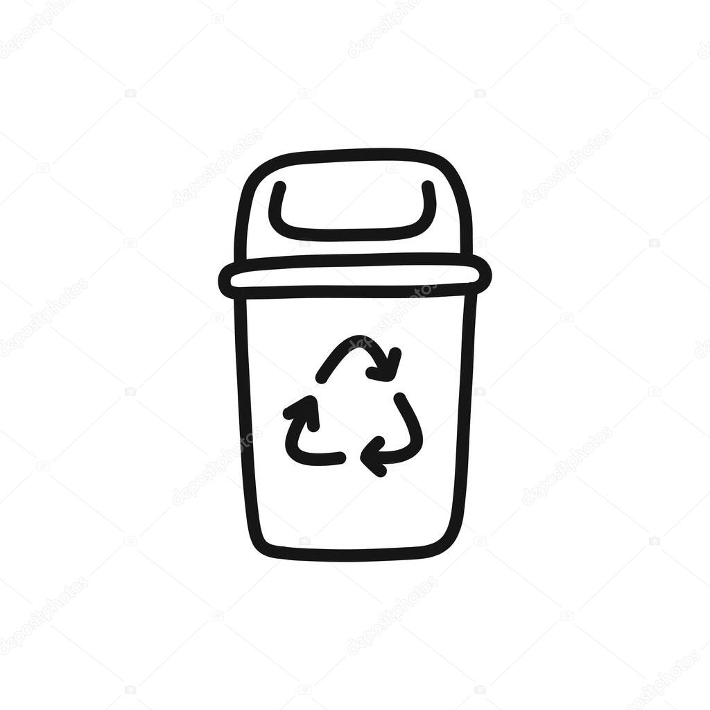 Recycling garbage bin doodle icon, vector line illustration