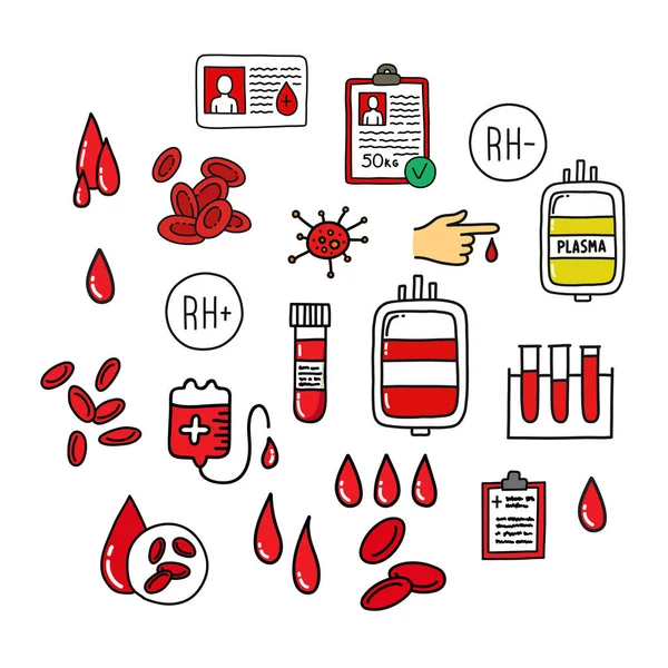 Donación Sangre Doodle Set Iconos Vector Color Ilustración — Archivo Imágenes Vectoriales