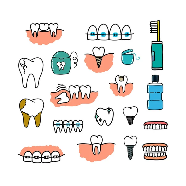Ícones Jogo Doodle Dental Ilustração Cor Vetor —  Vetores de Stock