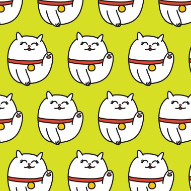 Koruyucu maskeli maneki neko kusursuz karalama deseni, vektör rengi çizimi