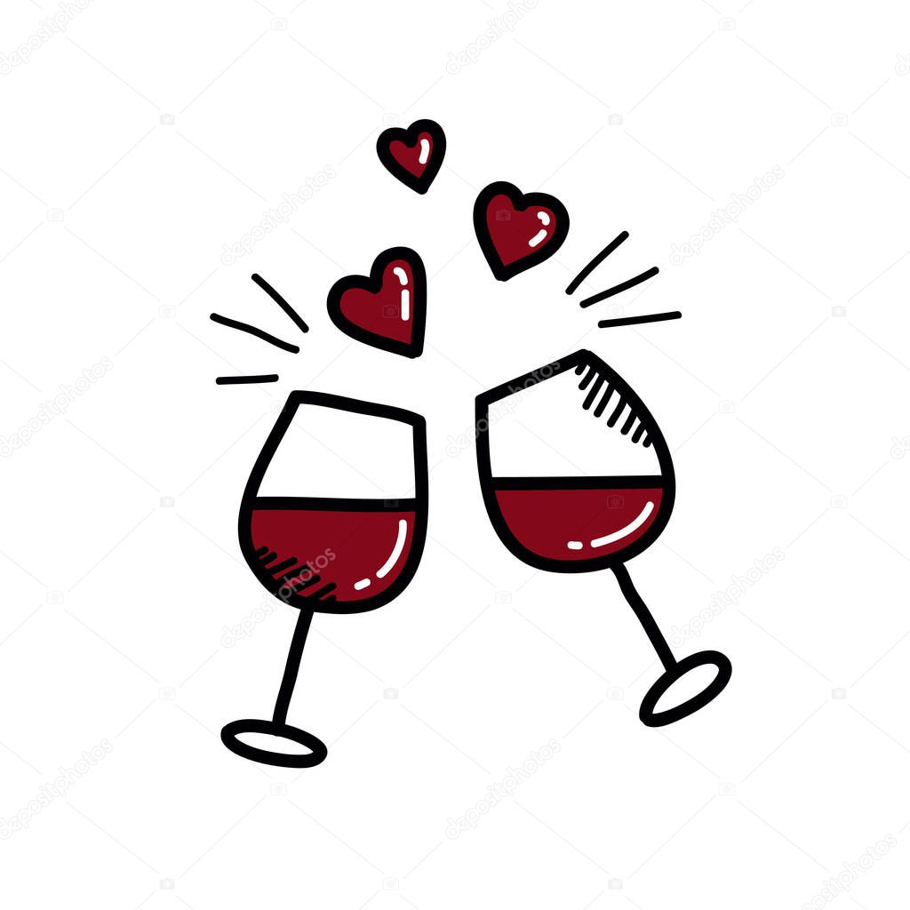 glasses of wine doodle icon, vector color illustration