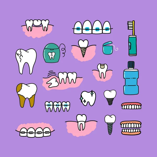 Dental Doodle Set Icons Vector Color Illustration — Stock Vector