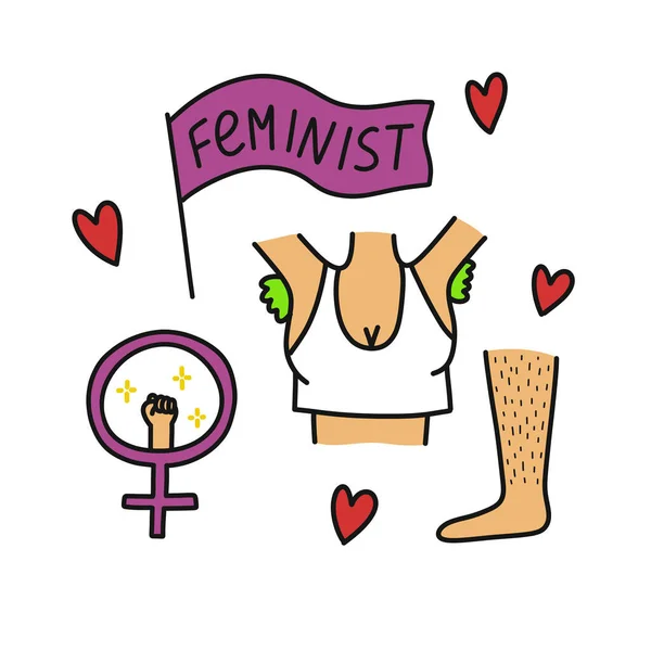 Feminism Doodle Icons Set Vector Color Illustration — Stock Vector