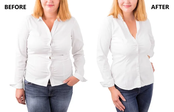 Mulher posando antes e depois de uma dieta bem sucedida — Fotografia de Stock