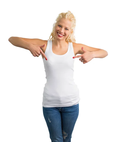 Frau in weißem Tank-Top zeigt mit beiden Händen darauf — Stockfoto