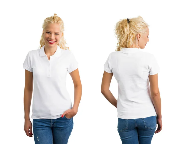 Woman in white polo T-shirt — Stock Photo, Image