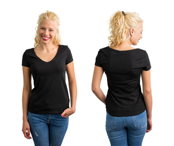 Woman in black V-neck T-shirt