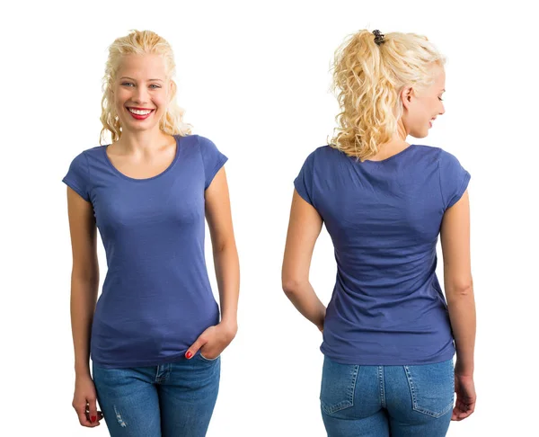 Γυναίκα με στρογγυλό λαιμό μπλε T-shirt — Φωτογραφία Αρχείου