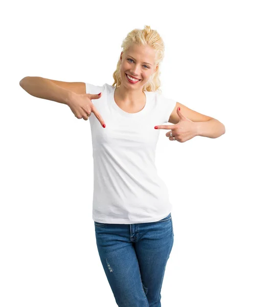 Beyaz yuvarlak boyun T-shirt iki elinizle işaret içinde kadın — Stok fotoğraf
