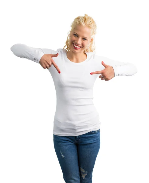 Frau in weißem Langarmhemd zeigt mit beiden Händen darauf — Stockfoto