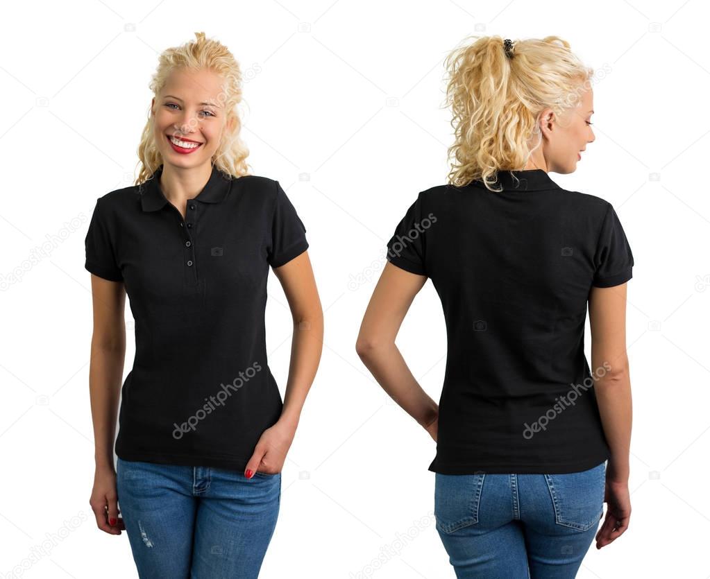 Woman in black polo T-shirt