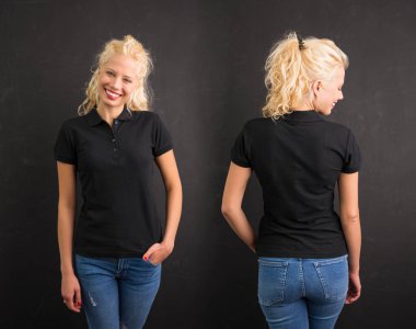 siyah arka plan üzerine siyah polo T-shirt kadında