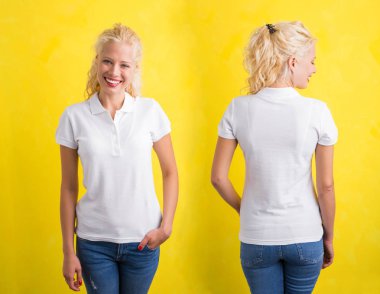 Kadın Sarı zemin üzerine beyaz polo T-shirt