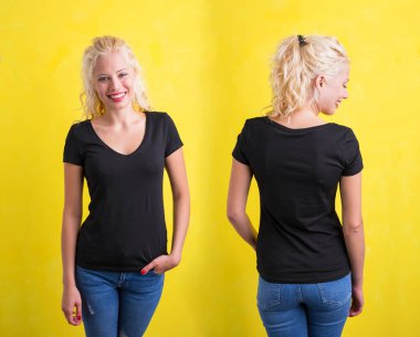 Kadın Sarı zemin üzerine siyah v-yaka T-shirt 