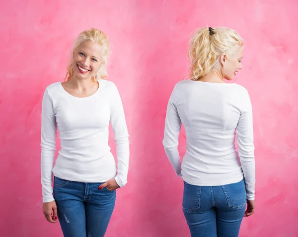 Wanita dengan kemeja lengan panjang berwarna putih dengan latar belakang merah muda — Stok Foto