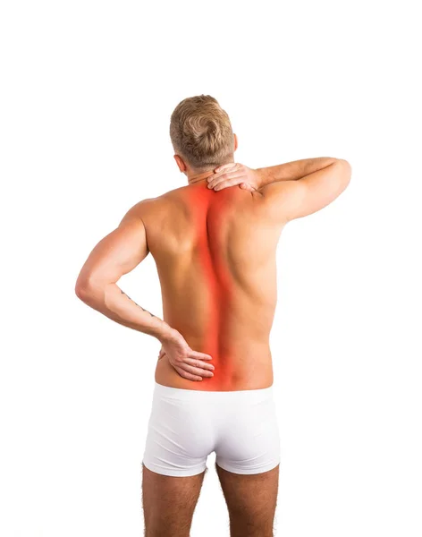 Homem com dor na coluna e nas costas — Fotografia de Stock