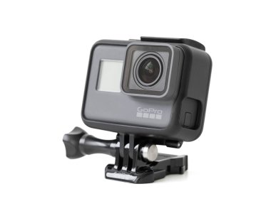 Riga, Letonya - 24 Şubat 2017: Gopro kamera Hero5 oturum birleştiren 4k video, tek tuşla basitliği ve ses denetiminde tüm küçük, su geçirmez tasarımı.