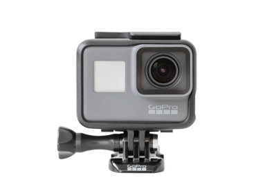 Riga, Letonya - 24 Şubat 2017: Gopro kamera Hero5 oturum birleştiren 4k video, tek tuşla basitliği ve ses denetiminde tüm küçük, su geçirmez tasarımı. Beyaz arka plan üzerinde izole.