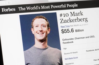 Riga, Letonya - 24 Şubat 2017: Forbes dergisi dünyanın en güçlü People.Number 10 kurucularından ve Facebook CEO'su Mark Zukenberg listesi.