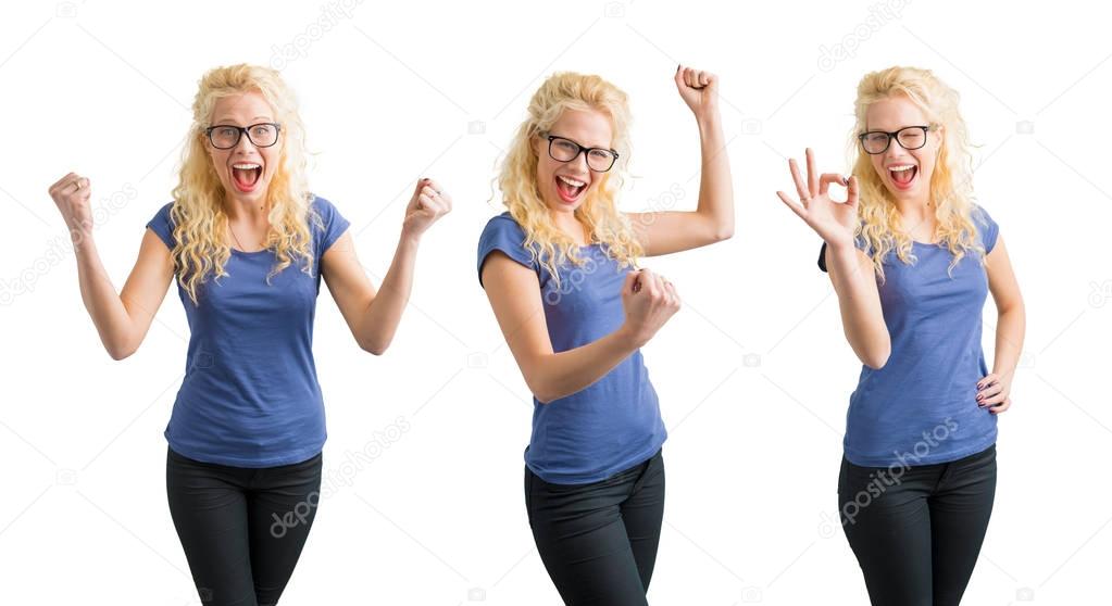 Woman celebrating her succes in 3 different ways