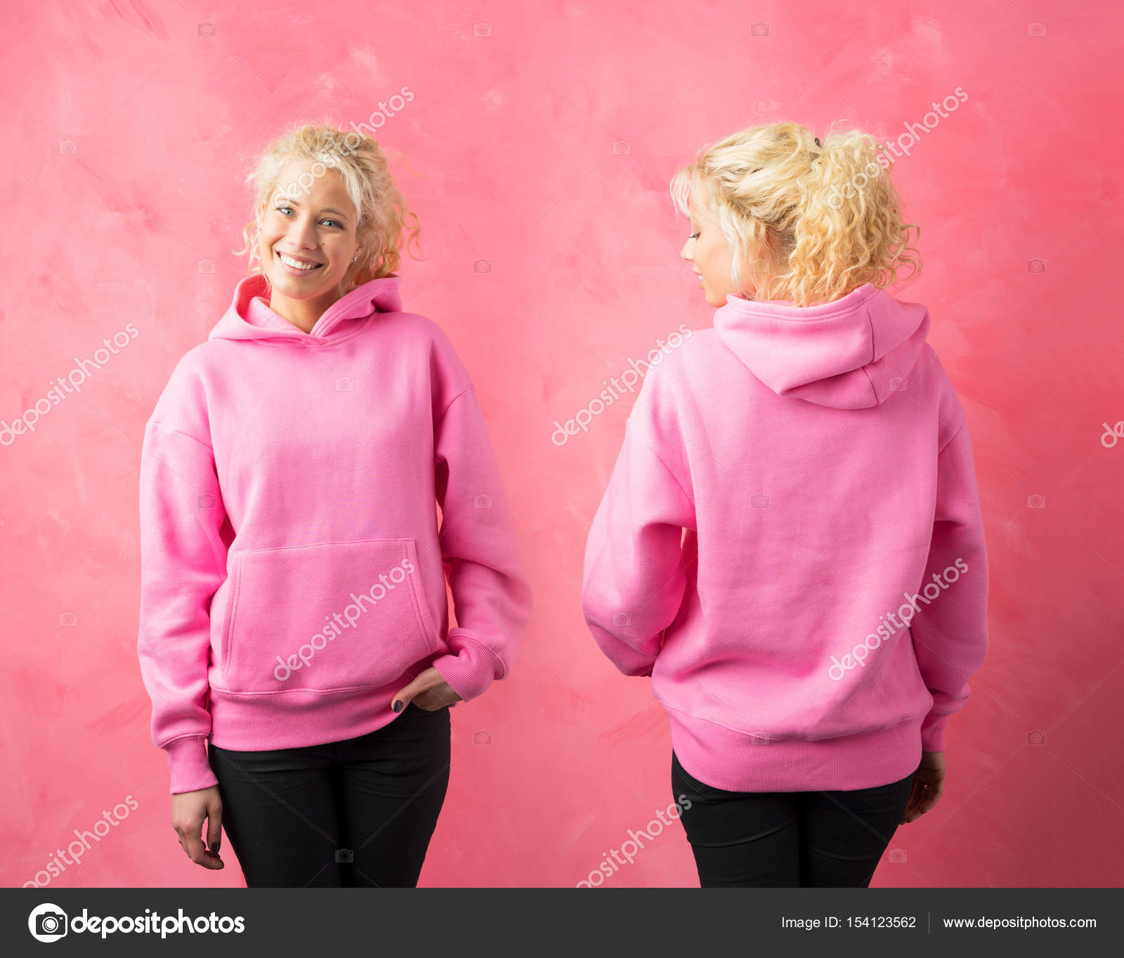 Woman wearing pink hoodie template for promo print design Stock