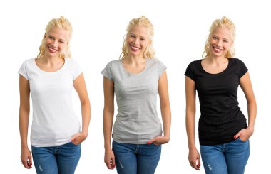 Beyaz, gri ve siyah T-shirt kadında