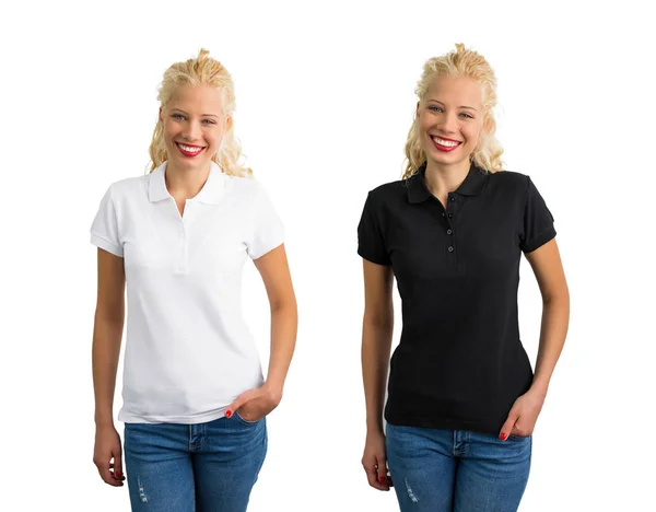 Kobieta w czerni i bieli Koszulka polo — Zdjęcie stockowe