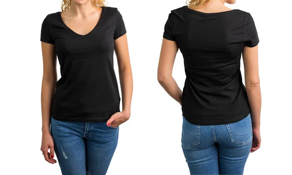 Frau im schwarzen T-Shirt mit V-Ausschnitt, vorne und hinten — Stockfoto