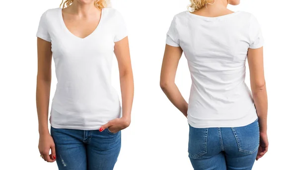 Woman in white V-neck T-shirt, front and back — Stock Photo, Image