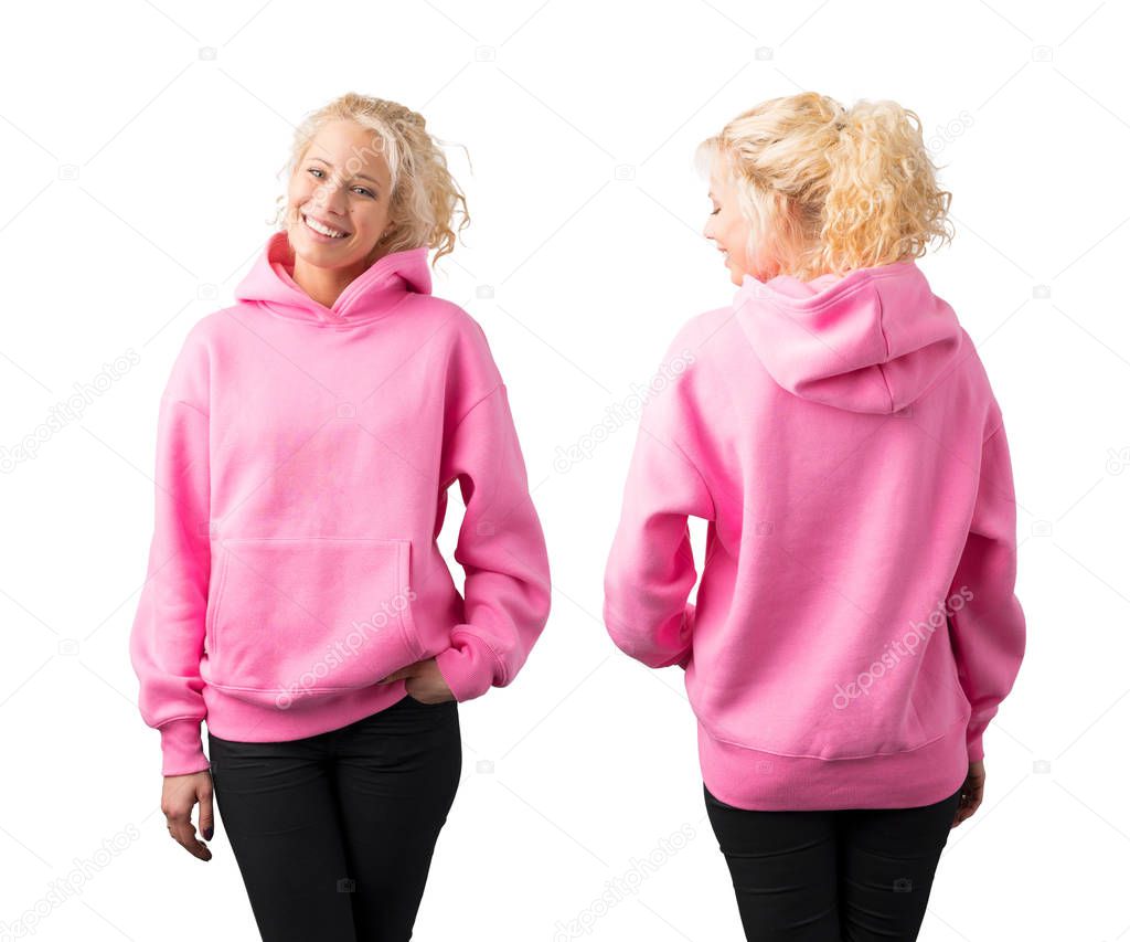 Woman wearing empty pink hoodie, mockup for your own