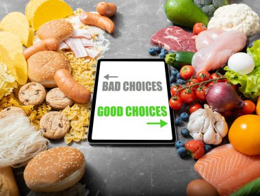 Unhealthy foods versus healthy food options clipart