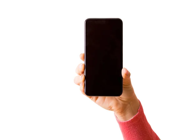 Person Som Håller Händerna Mobiltelefon Med Tom Skärm Foto Isolerad — Stockfoto
