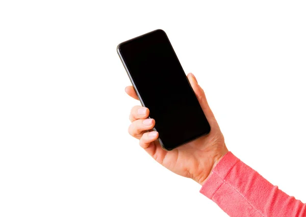 Osoba Držící Mobilní Telefon Izolované Bílém Pozadí — Stock fotografie