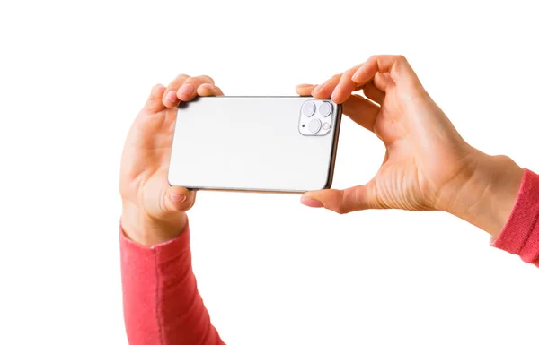Pessoa Tirando Foto Com Telefone Celular Foto Isolada Fundo Branco — Fotografia de Stock
