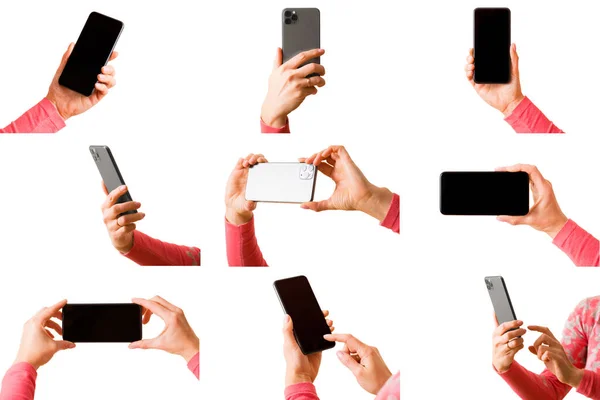 Kolaż Różnych Zdjęć Osoby Trzymającej Telefon Komórkowy Ręku Odizolowany Białym — Zdjęcie stockowe