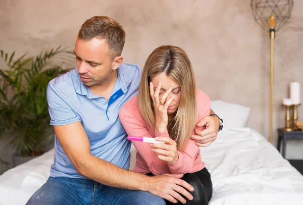 Sad Couple Looking Failed Pregnancy Test — Stock Photo, Image