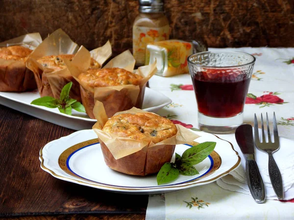 savory snack salted cheese muffins with basil and mushroom. homemade baking